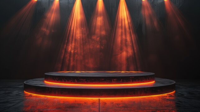 A stage with two levels illuminated by orange spotlights