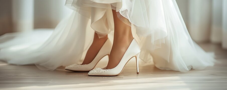 Close-up image capturing the details of elegant white heels worn by a bride, paired with a flowing wedding dress at floor level