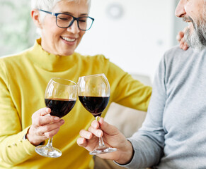 love senior woman couple home wine glass celebration toast wineglass alcohol cheers holiday beverage red romantic anniversary dating toasting valentine eve portrait happy husband wife