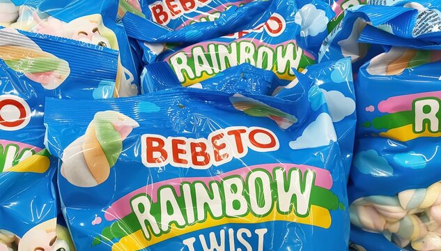 Viersen, Germany - Juin 9. 2024: Bags Bebeto Marshmallows rainbow twist in german store