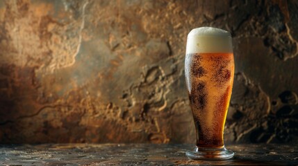 Light foam beer in a glass on an old background