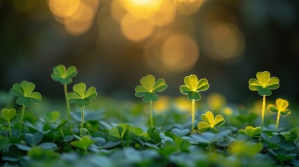 Four-Leaf Clovers on Blurred Background