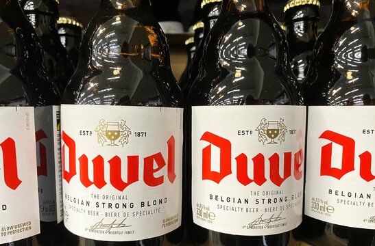 Viersen, Germany - Juin 9. 2024: Bottles belgian strong blond Duvel beer in german store