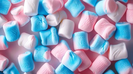 Top view of multi-colored marshmallows. Background or texture featuring colorful blue and pink marshmallows.