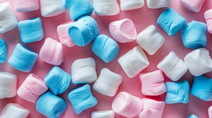 Top view of multi-colored marshmallows. Background or texture featuring colorful blue and pink marshmallows.