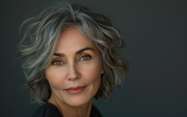 Fototapeta premium A woman with short gray hair and a smile on her face. She is wearing a black shirt and is looking directly at the camera