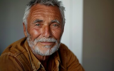A man with a beard and gray hair is smiling. He is wearing a brown shirt. The man is looking at the camera