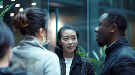 Obraz premium Diverse group of people in conversation, social setting, multicultural interaction
