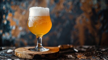 Light foam beer in a glass on an old background