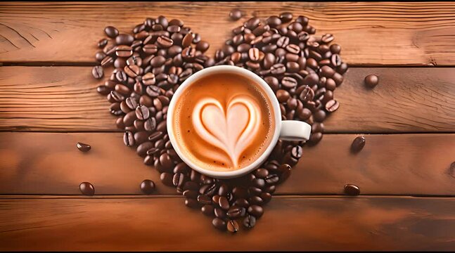 Cup of coffee latte with heart shape and coffee beans on old wooden