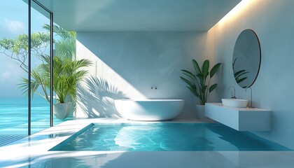 Fototapeta premium A white, cozy bathroom with a window and furniture, with plants, a large white bathtub, with marble stone, towels 