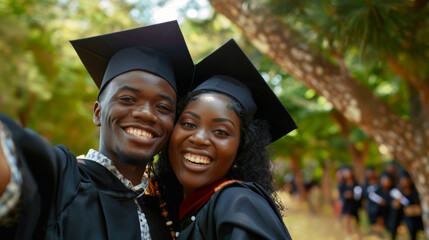 Portrait of happy African American students at graduation taking a selfie together. Young students in graduation dresses and hats having fun together at graduation.