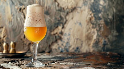 Light foam beer in a glass on an old background