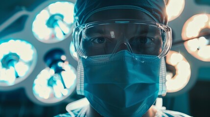 Surgeon in operating room with surgical lights, medical and healthcare concept