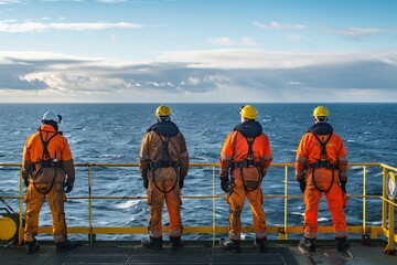 Four workers wearing safety gear on a ship's deck, looking at the vast ocean. Bright workwear and safety equipment highlight their readiness. Industrial and maritime theme. Generative AI