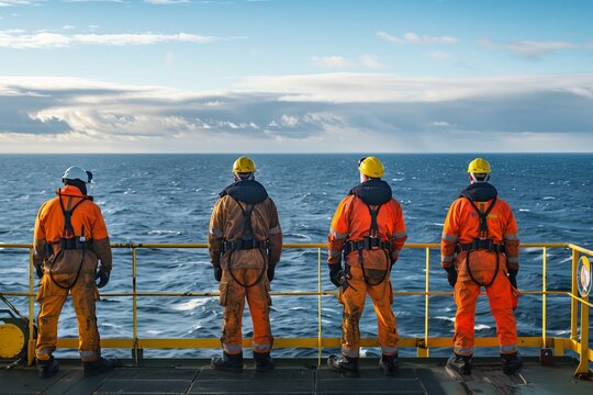 Four workers wearing safety gear on a ship's deck, looking at the vast ocean. Bright workwear and safety equipment highlight their readiness. Industrial and maritime theme. Generative AI