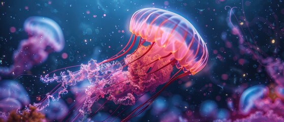 Obraz premium Neon jellyfish in deep sea, , glowing darkness