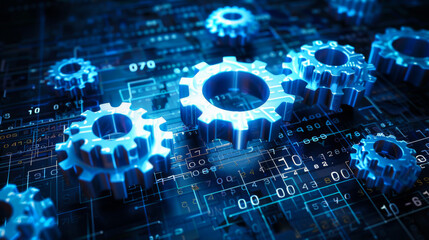 Fototapeta premium Glowing blue early sized gears on a dark background with a digital binary code pattern with numbers and lines. Digital technology concept. Data processing.