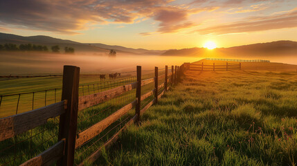 Obraz premium An inspiring image of sunrise casting a warm and golden glow over a fenced field with horses grazing peacefully, highlighting the beauty of the rolling countryside.