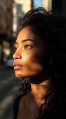 Obraz premium A woman with brown eyes and dark hair looks away from the camera in a candid portrait