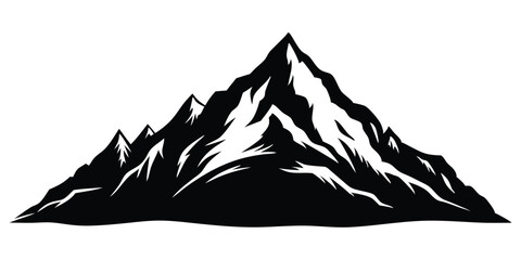 Detailed black and white vector illustration of mountain range silhouette with snowy peaks