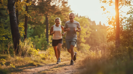 Fototapeta premium A man and a woman, dressed in sporty attire, jog side by side on a trail surrounded by trees, in a forest, enjoying the calm and serene atmosphere of a sunset, symbolizing fitness and companionship.