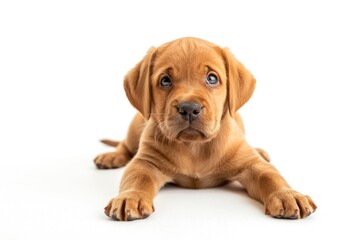 Dog Standing on White Background. Labrador Puppy in Studio, Playful and Curious with Goofy Expression