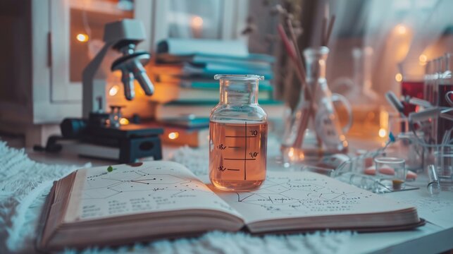 A scientist's lab notebook with detailed observations, diagrams, and chemical equations, set in a lab environment with microscopes and test tubes