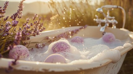 A set of lavender fragrance bath bomb, with intricate designs and colors, placed in a vintage clawfoot bathtub filled with bubbles and scattered lavender petals