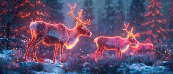 Fototapeta premium Neon reindeers in a tundra