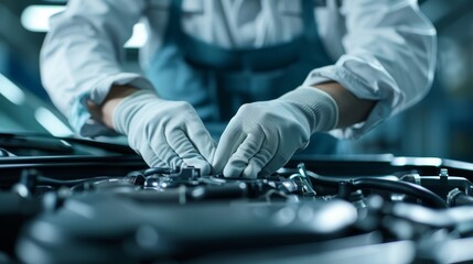 Close-up of mechanic's hands in gloves, working meticulously on a car engine under the hood, garage setting with dark background, apron slightly stained, tools nearby