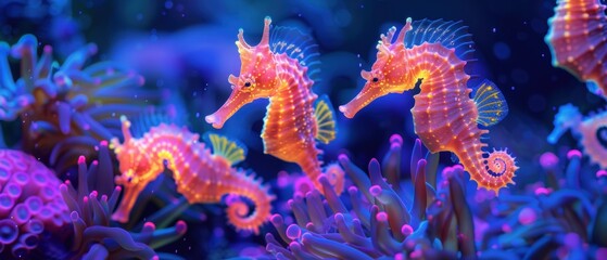 Neon seahorses in an underwater scene