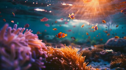 Fototapeta premium A stunning underwater view of a coral reef, with a diverse array of marine life, including colorful fish, sea turtles, and anemones swaying in the current