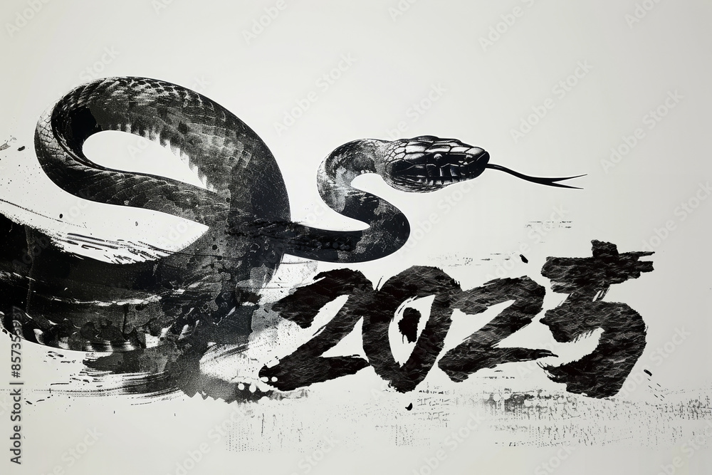 Wall mural a snake painted in chinese style black brush strokes with year 2025. chinese new year