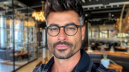 Obraz premium A man wearing glasses is captured in a candid portrait, standing in a restaurant setting
