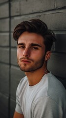 Fototapeta premium A young man in a white t-shirt leans against a brick wall