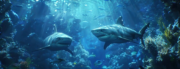 Fototapeta premium Neon underwater scene with sharks, , glowing marine predators