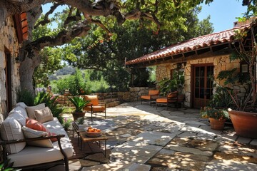 Obraz premium Patio Outdoor Furniture. Sunlit Yard with Stone Pit on Back Porch in California Home