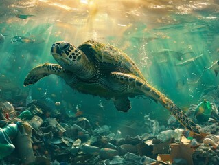Fototapeta premium A turtle swims in the sea among the garbage