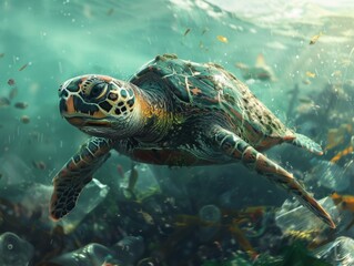 Obraz premium A turtle swims in the sea among the garbage