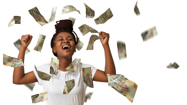 Kenyan shilling notes falling, raining on young black African woman with braids excited amazed suprised jubilating with hands in the air, winner celebration over transparent background, copy space