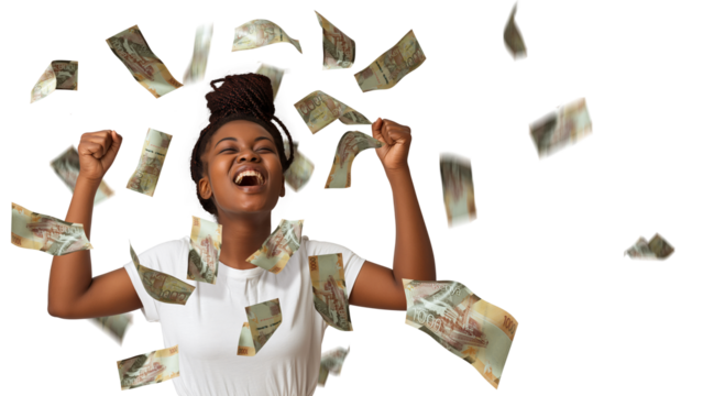 Kenyan shilling notes falling, raining on young black African woman with braids excited amazed suprised jubilating with hands in the air, winner celebration over transparent background, copy space