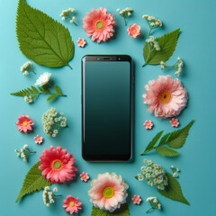 Smartphone on Blue Background Surrounded by Flowers. telephone
