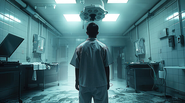 Doctor standing firm, eerie phenomena, determined to uncover truth, dark and unsettling operating room. Generative AI.