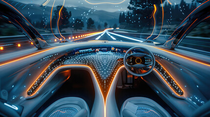Inside car design, ultra-high-definition display, flexible screen, thin and light design, touch technology. Futurism, smart surface, LED lighting. Autonomous driving. Generative AI.