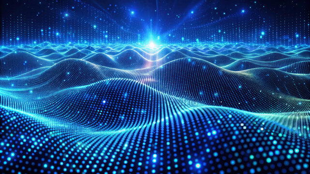 3D Wave Landscape: Data Technology Background with Dots and Binary Code - Big Data, Science, and Digital Processing