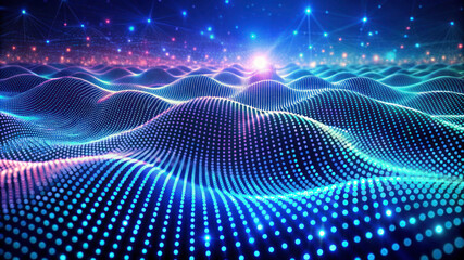 3D Wave Landscape: Data Technology Background with Dots and Binary Code - Big Data, Science, and Digital Processing