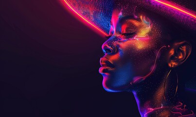 African American woman in hat with neon lights on face on black background