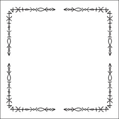 Elegant black and white ornamental frame with Viking runes, decorative border, corners for greeting cards, banners, business cards, invitations, menus. Isolated vector illustration.	