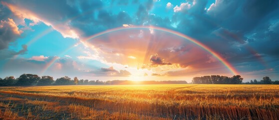 Peaceful sky with gentle clouds and a double rainbow over a rural field, creating a serene and hopeful atmosphere perfect for a tranquil moment, Photography, 85mm lens,